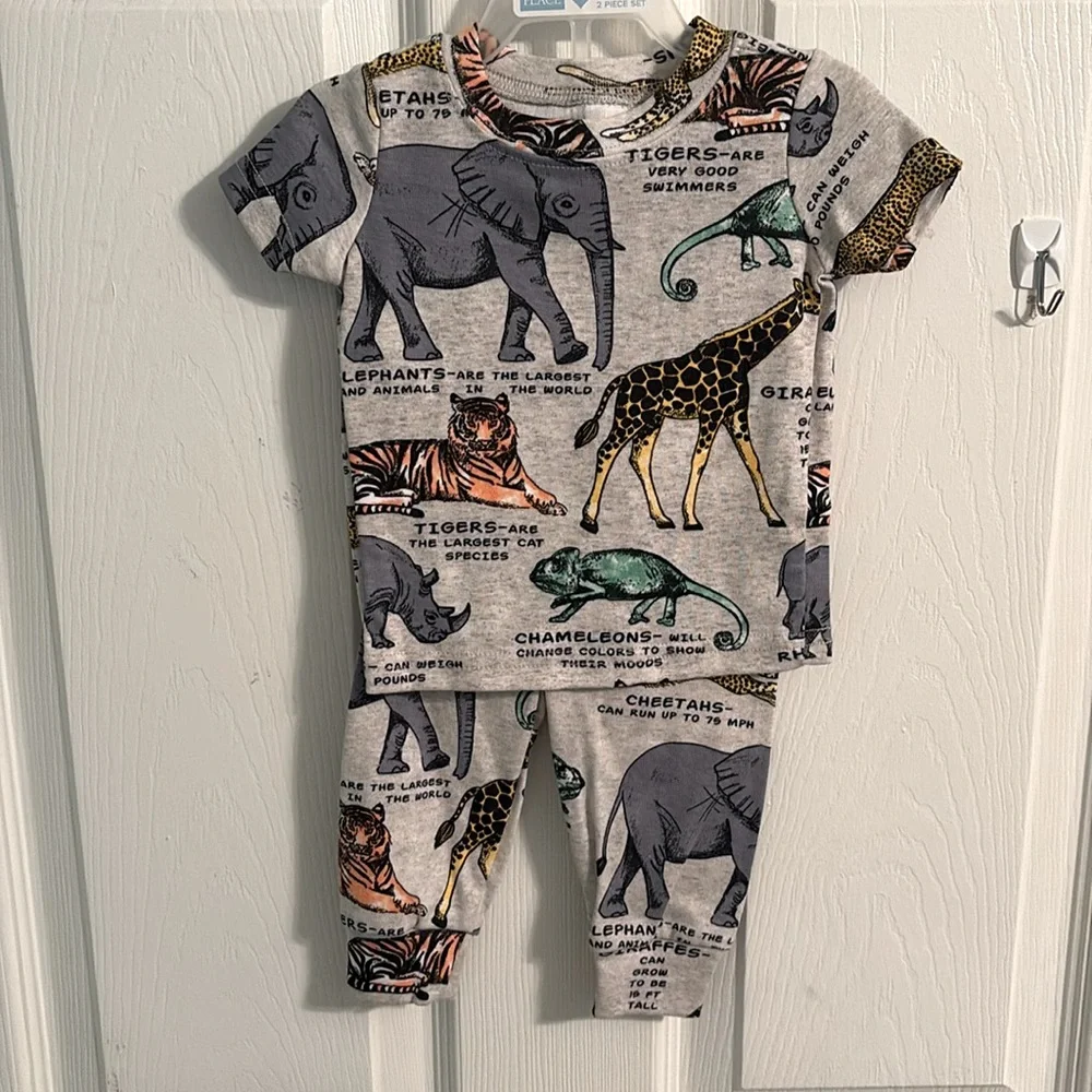 The Children's Place White and Blue Pajama Sets with Colorful Animal Print